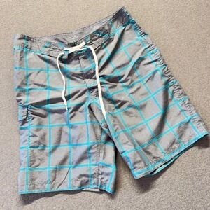 Old Navy Mens Plaid Board Shorts Gray Teal Blue Swim Trunks Size Large 36 Waist